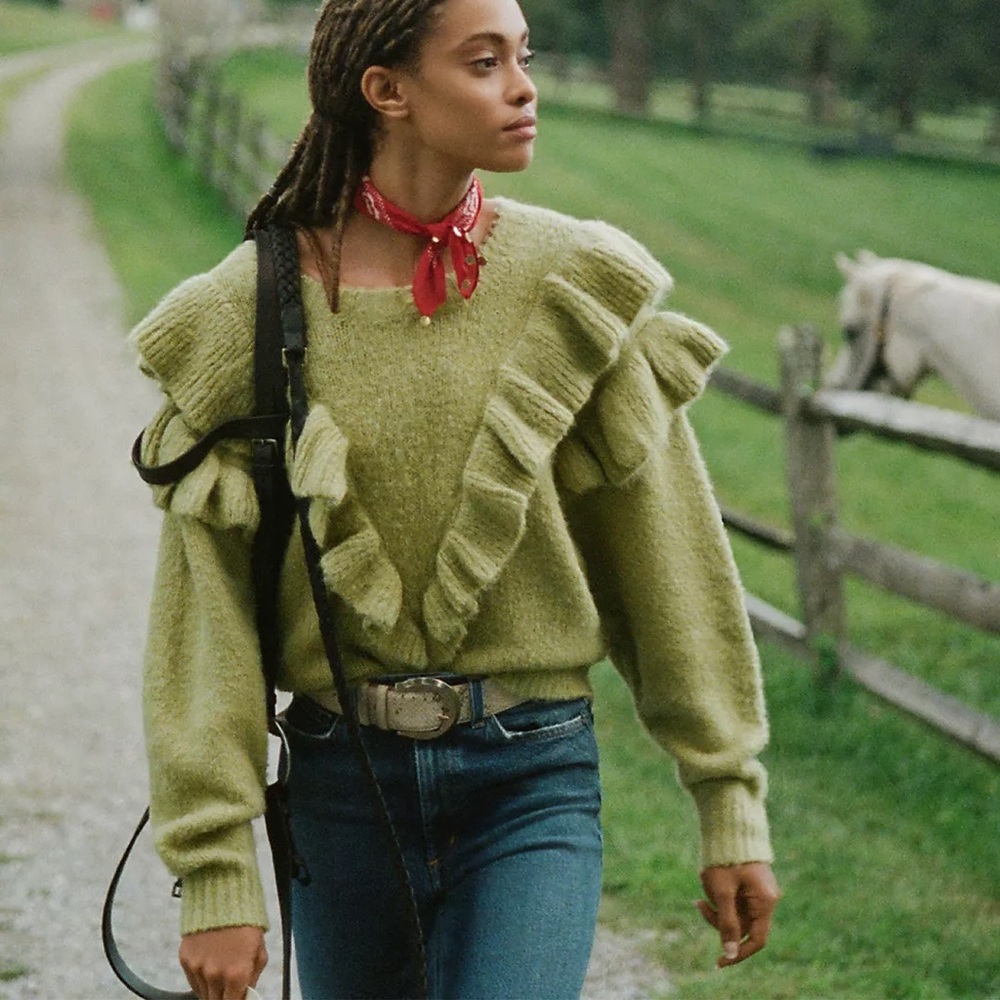 Lost + Wander Anthropologie Viveka Ruffled Knit Pullover Sweater